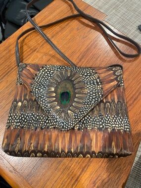 Vintage Genuine Peacock Feather Pattern Crossbody Bag.